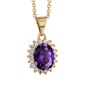 COLLIER PLAQUÉ OR PENDENTIF FORME OVALE OXYDE VIOLET ET CONTOUR OXYDES BLANCS SERTIS 40+4CM