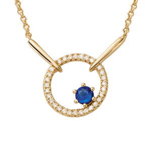 COLLIER PLAQUÉ OR FORME ROND 1 VERRE BLEU FONCÉ CONTOUR OXYDES BLANCS SERTIS 40+4CM
