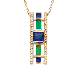 COLLIER PLAQUÉ OR GEOMETRIQUE VERRE BLEU FONCÉ ET VERT CONTOUR OXYDES BLANCS SERTIS 40+4CM