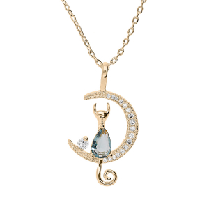 COLLIER PLAQUÉ OR DEMI LUNE ET CHAT OXYDE BLEU 40+5CM