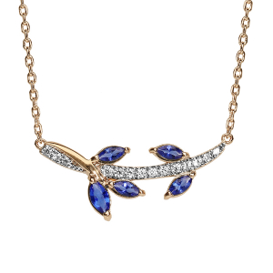 COLLIER PLAQUÉ OR PENDENTIF FEUILLAGE BLEU FONCÉ ET OXYDES BLANCS SERTIS 42+3CM