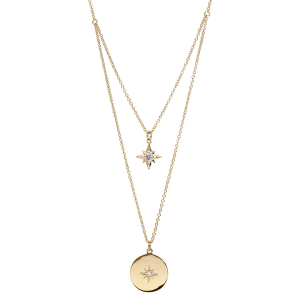 COLLIER PLAQUÉ OR DOUBLE RANG ETOILE ET PASTILLE AVEC ETOILE OXYDE BLANC 40+4CM