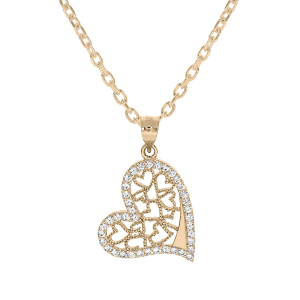 COLLIER PLAQUÉ OR PENDENTIF COEUR FILIGRANE CONTOUR OXYDES BLANCS SERTIS 40+5CM