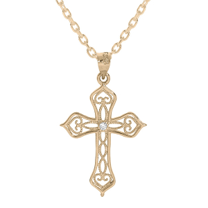 COLLIER PLAQUÉ OR PENDENTIF CROIX FILIGRANE OXYDE BLANC 40+5CM