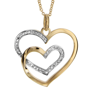 COLLIER PLAQUÉ OR PENDENTIF DOUBLE COEURS OXYDES BLANCS SERTIS 42+3CM