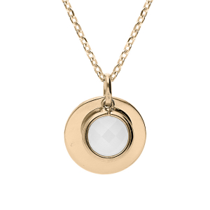 COLLIER PLAQUÉ OR PENDENTIF PAMPILLES PASTILLE MARTELÉE ET PASTILLE SYNTHETIQUE FACETÉE BLANCHE OPAQUE 40+4CM