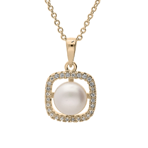 COLLIER PLAQUÉ OR PENDENTIF CARRÉ OXYDES BLANCS AVEC PERLE DE CULTURE D'EAU DOUCE BLANCHE 40+4CM