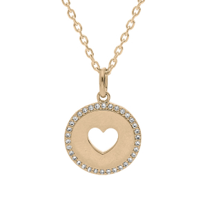 COLLIER PLAQUÉ OR PENDENTIF ROND MOTIF COEUR AJOUREE CONTOUR OXYDES BLANCS 40+4CM