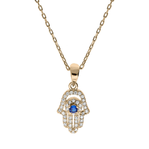 COLLIER PLAQUÉ OR PENDENTIF MAIN DE FATMA OXYDES BLANCS ET BLEU 42+3CM