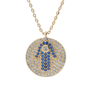 COLLIER PLAQUÉ OR PENDENTIF MAIN DE FATMA OXYDES BLANCS ET BLEUS 40+5CM