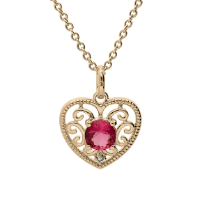 COLLIER PLAQUÉ OR PENDENTIF FORME COEUR AJOURÉE OXYDE FUSHIA 40+4CM