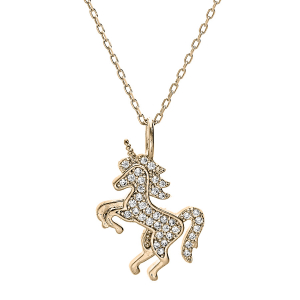 COLLER PLAQUÉ OR PENDENTIF LICORNE OXYDES BLANCS SERTIS 42CM REGL 40 ET 38CM