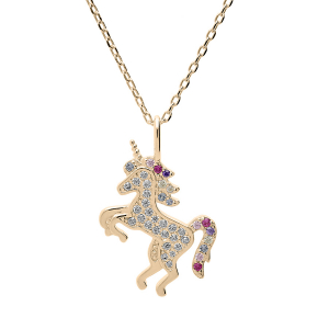 COLLER PLAQUÉ OR PENDENTIF LICORNE OXYDES MULTI COULEURS SERTIS 38+5CM