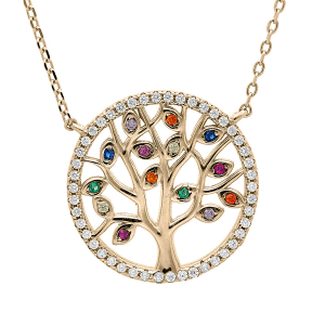 COLLIER PLAQUÉ OR ARBRE DE VIE OXYDES MULTI COULEURS ET CONTOUR OXYDES BLANCS SERTIS 40+3CM
