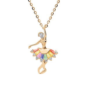 COLLIER PLAQUÉ OR PENDENTIF DANSEUSE OXYDES MULTI COULEURS SERTIS 43CM REGLABLE 41 ET 39CM