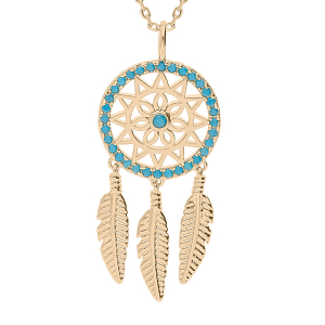 COLLIER PLAQUÉ OR PENDENTIF ATTRAPE REVES OXYDES BLEUS 50+5CM