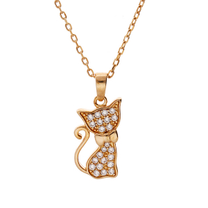 COLLIER PLAQUÉ OR PENDENTIF CHAT OXYDES BLANCS SERTIS 43CM REGLABLE 41 ET 39CM