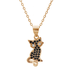 COLLIER PLAQUÉ OR PENDENTIF CHAT OXYDES NOIRS SERTIS 43CM REGLABLE 41 ET 39CM