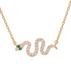 COLLIER PLAQUÉ OR SERPENT OXYDES BLANCS ET VERTS SERTIS 40+5CM