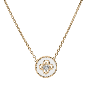 COLLIER PLAQUÉ OR PASTILLE RÉSINE BLANCHE CROIX OXYDES BLANCS SERTIS 38+4CM