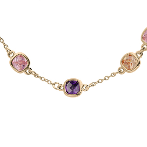 COLLIER PLAQUÉ OR PIERRES SYNTHETIQUE CARRÉES VIOLETTE, ROSE ET ORANGE 40+4CM