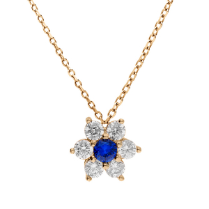 COLLIER PLAQUÉ OR PENDENTIF MARGUERITE OXYDES CENTRE BLEU FONCÉ ET CONTOUR BLANCS SERTIS  40+5CM
