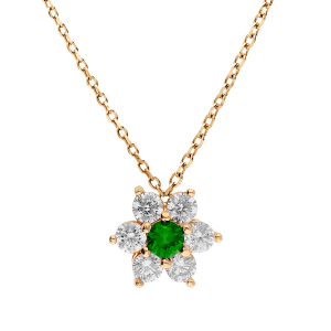 COLLIER PLAQUÉ OR PENDENTIF FLEUR MARGUERITE OXYDES CENTRE VERT FONCÉ ET CONTOUR BLANCS SERTIS  40+5CM