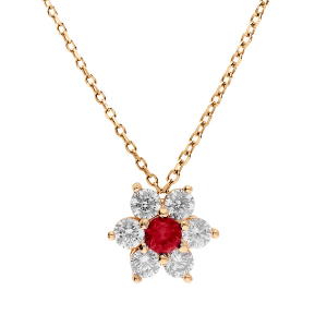 COLLIER PLAQUÉ OR PENDENTIF MARGUERITE OXYDES CENTRE ROUGE FONCÉ ET CONTOUR BLANCS SERTIS  40+5CM