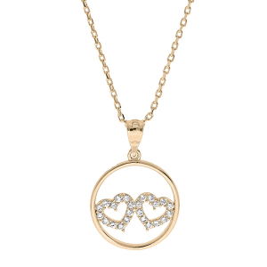 COLLIER PLAQUÉ OR PENDENTIF CERCLE 2 COEURS OXYDES BLANCS SERTIS 40+5CM