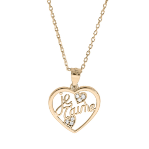 COLLIER PLAQUÉ OR PENDENTIF COEUR JE T'AIME OXYDES BLANCS SERTIS  40+5CM