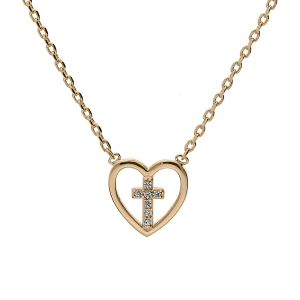 COLLIER PLAQUÉ OR COEUR AVEC CROIX OXYDES BLANCS SERTIS 38+4CM