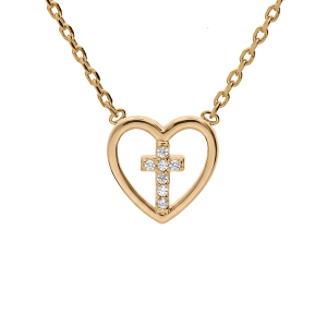 COLLIER PLAQUÉ OR COEUR AVEC CROIX OXYDES BLANCS SERTIS 38+4CM