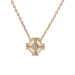 COLLIER PLAQUÉ OR ROND RÉSINE BLANCHE AVEC CROIX ET 1 OXYDE BLANC SERTI 38+4CM