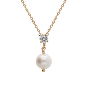 COLLIER PLAQUÉ OR RONDELLE OXYDES BLANCS SERTIS ET PERLE DE CULTURE D'EAU DOUCE 38+4CM