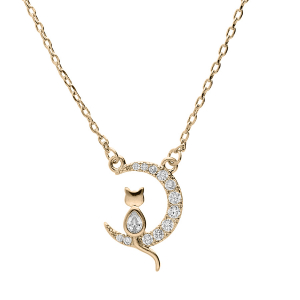 COLLIER PLAQUÉ OR PENDENTIF LUNE 10MM AVEC CHAT OXYDES BLANCS SERTIS 40+4,5CM