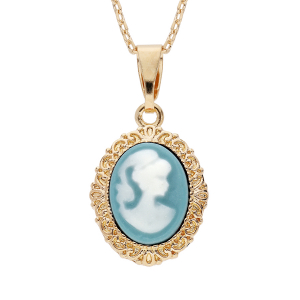 COLLIER PLAQUÉ OR PENDENTIF CAMÉE RÉSINE BLEUE 40+5CM