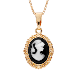 COLLIER PLAQUÉ OR PENDENTIF CAMÉE RÉSINE NOIRE 40+5CM