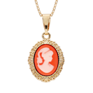 COLLIER PLAQUÉ OR PENDENTIF CAMÉE RÉSINE ROSE 40+5CM