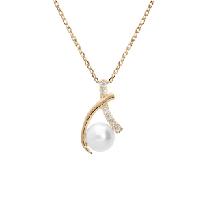 COLLIER PLAQUÉ OR PENDENTIF PERLE DE CULTURE D'EAU DOUCE BLANCHE ET OXYDES BLANCS SERTIS 42+3CM