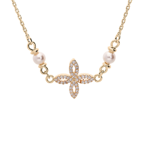 COLLIER PLAQUÉ OR FLEUR OXYDES BLANCS SERTIS ET 2 PERLES BLANCHES IMITATION 40+6CM