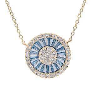 COLLIER PLAQUÉ OR ROND OXYDES RECTANGULAIRE BLEUS ET CONTOUR OXYDES BLANCS SERTIS 42+3CM