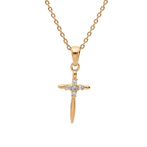 COLLIER PLAQUÉ OR PENDENTIF CROIX AVEC OXYDES BLANCS SERTIS 40+5CM