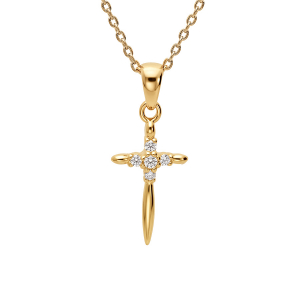 COLLIER PLAQUÉ OR PENDENTIF CROIX AVEC OXYDES BLANCS SERTIS 40+5CM
