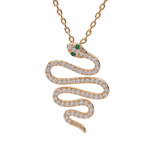 COLLIER PLAQUÉ OR PENDENTIF SERPENT OXYDES BLANCS ET YEUX VERTS  40+5CM