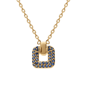 COLLIER PLAQUÉ OR PENDENTIF CARRÉ OXYDES BLEU SERTIS 38+4CM