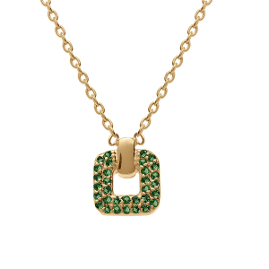 COLLIER PLAQUÉ OR PENDENTIF CARRÉ OXYDES VERTS SERTIS 38+4CM