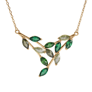 COLLIER PLAQUÉ OR FORME POINTE EMPIÉRRÉS VERT CLAIR ET VERT FONCÉ 40+5CM