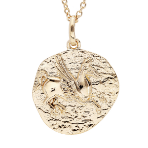 COLLIER PLAQUÉ OR PENDENTIF MOTIF MONNAIE GRECQUE CHEVAL AVEC AILE FINITION ANTIQUE 40+4CM