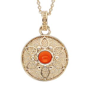 COLLIER PLAQUÉ OR PENDENTIF ROND MOTIF FLEUR PIERRE SYNTHETIQUE COULEUR CORAIL 40+4CM