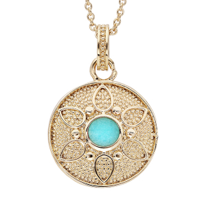 COLLIER PLAQUÉ OR PENDENTIF ROND MOTIF FLEUR PIERRE SYNTHETIQUE COULEUR TURQUOISE 40+4CM